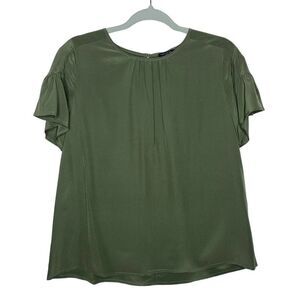 Ann Taylor Short Flutter Sleeves Pleated Silk Blouse Green Small Workwear Office